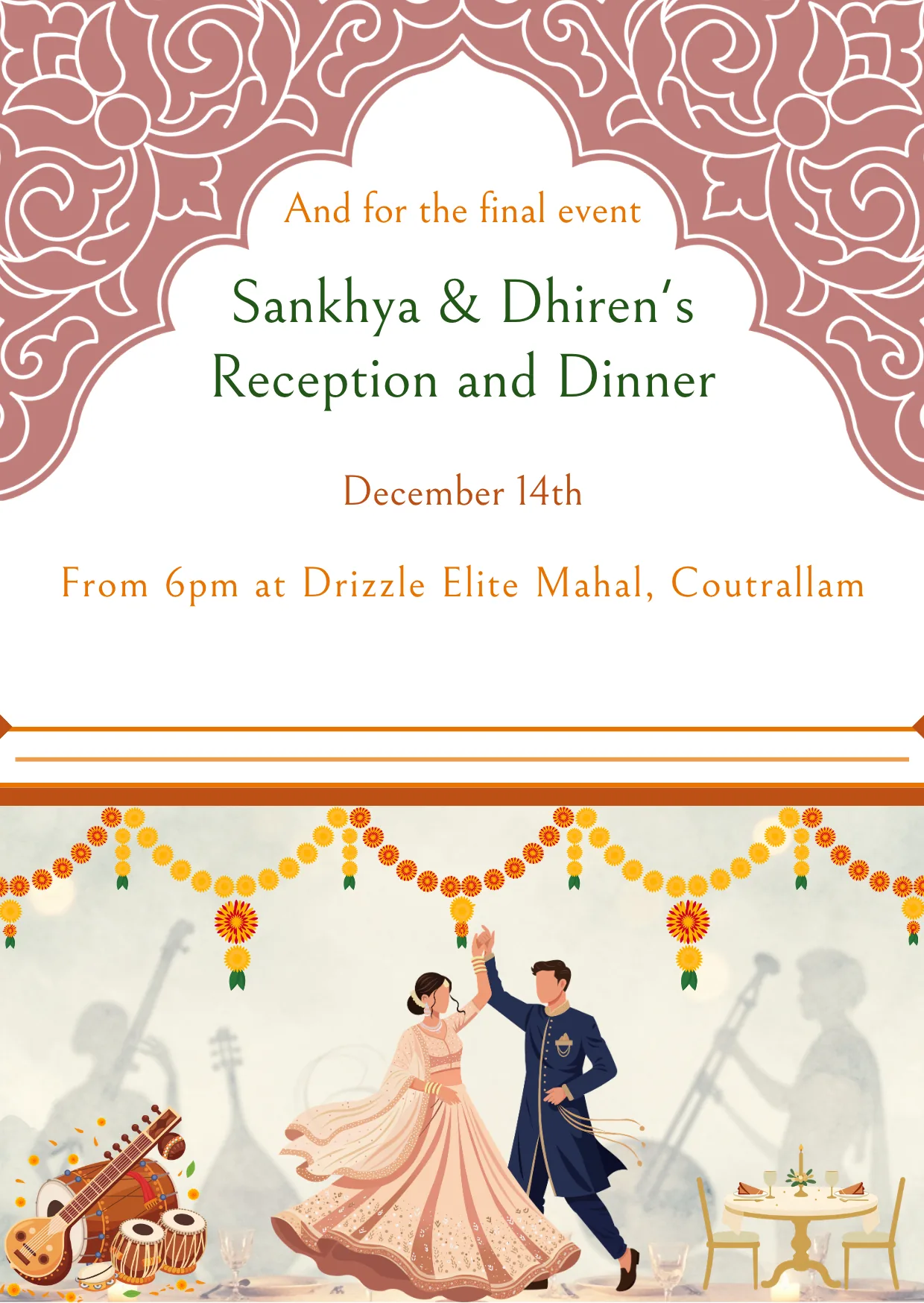 Reception & Dinner — December 14th, From 6 PM at Drizzle Elite Mahal, Kutralam
